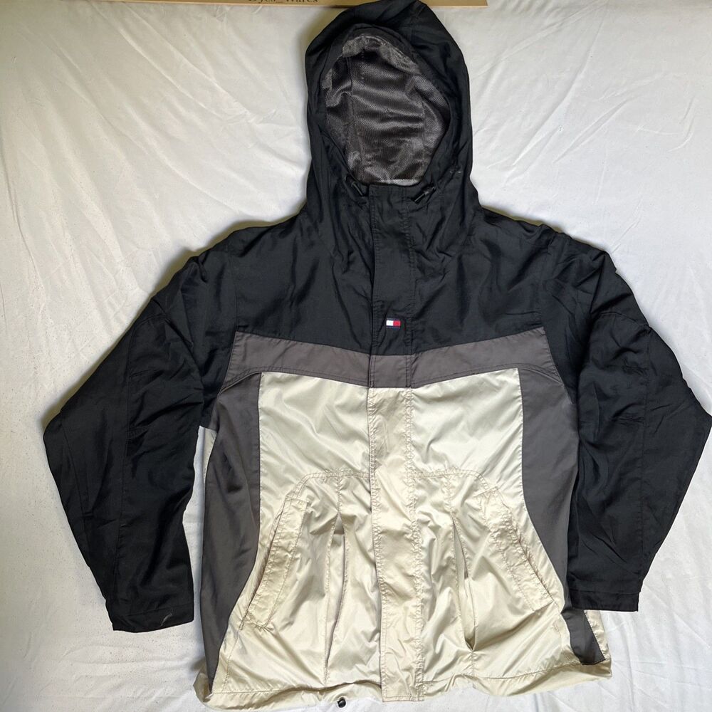 VTG Tommy Hilfiger Windbreaker Jacket Mens S Full Zip Hooded Y2K BLACK CREAM